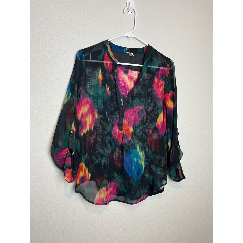 Tiny Blouse‎ Womens S Multicolor Floral Sheer Henley Roll Tab Tunic Top
